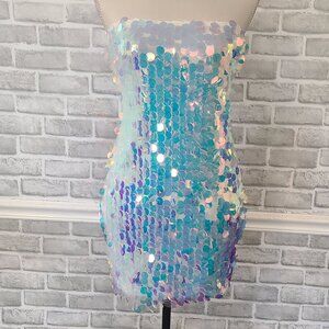Boutique Mermaid Scales Iridescent Sequin Mini Dress Party Costume Cosplay NEW